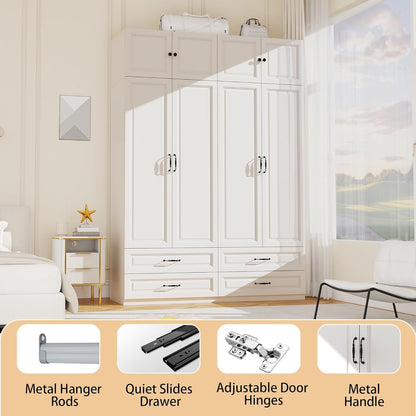 White Armoire Wardrobe Closet with Drawers: Bedroom Armoires with Hanging Rod, Wooden Closet Cabinet for Hanging Clothes, Tall Wardrobes Closets with Doors and Shelves (63")