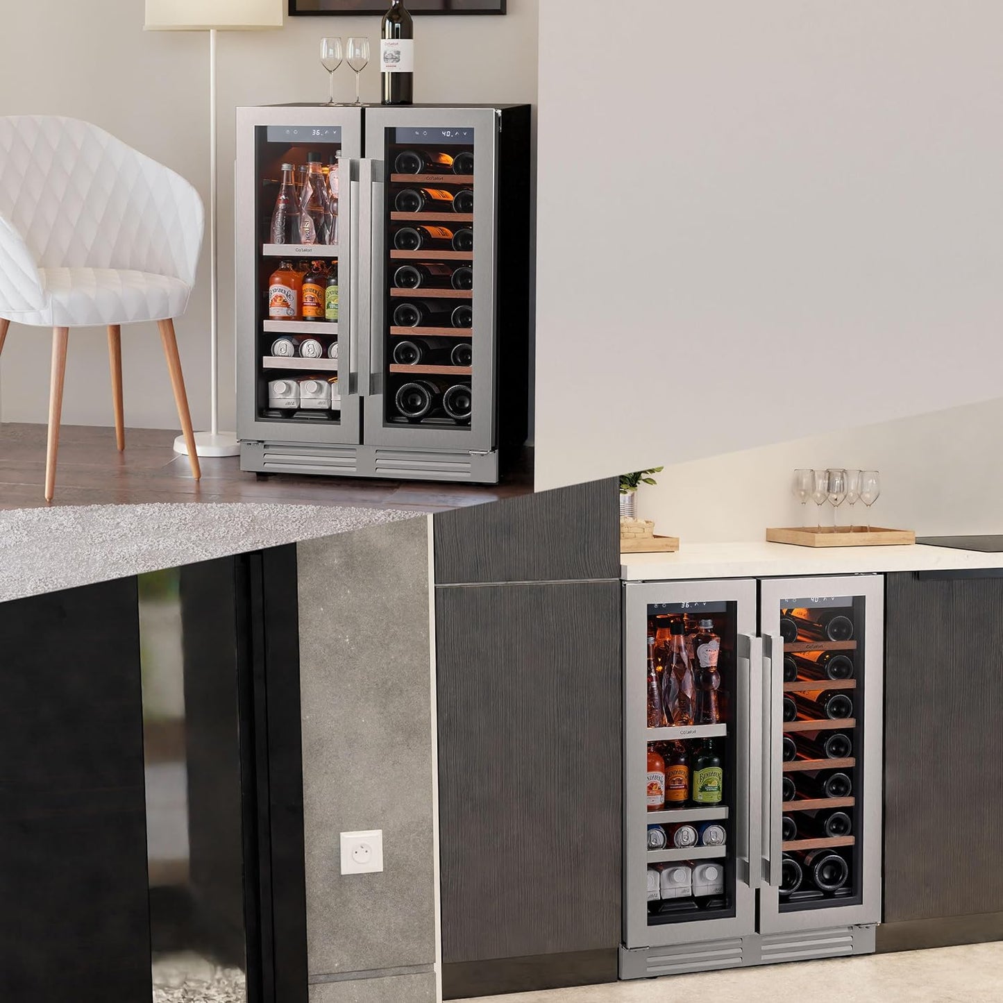 Ca'Lefort 24 Inch Wine and Beverage Refrigerator, 60 Can and 20 Bottle Wine Fridge 36-72°F, 3 LED Dual Zone Wine Cooler with Glass Door, Built-in Compressor Refrigerator for Home/Kitchen (4.10 cu.ft)