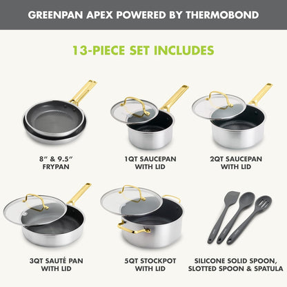 GreenPan Hybrid 13 Piece Nonstick Stainless Steel Cookware Set, APEX Tri-Ply Thermobond PFAS-Free Ceramic Pots & Pans, Induction & All Cooktop Compatible, Oven Temp to 850°F, Dishwasher Safe, Gold