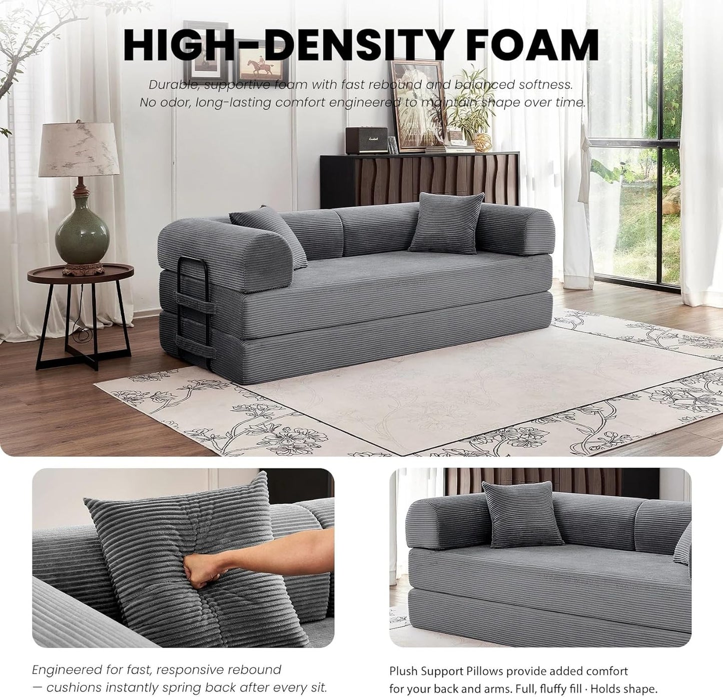 79'' Convertible Couch Bed, 5 in 1 Modular Floor Sofa, Folding Sleeper Couch with Pull Out Bed and Cushions, Corduroy Sofa for Small Spaces Living Room Bedroom Apartment Guest Room (Dark Gray) | No Assembly, Convertible Sofa, Space-Saving