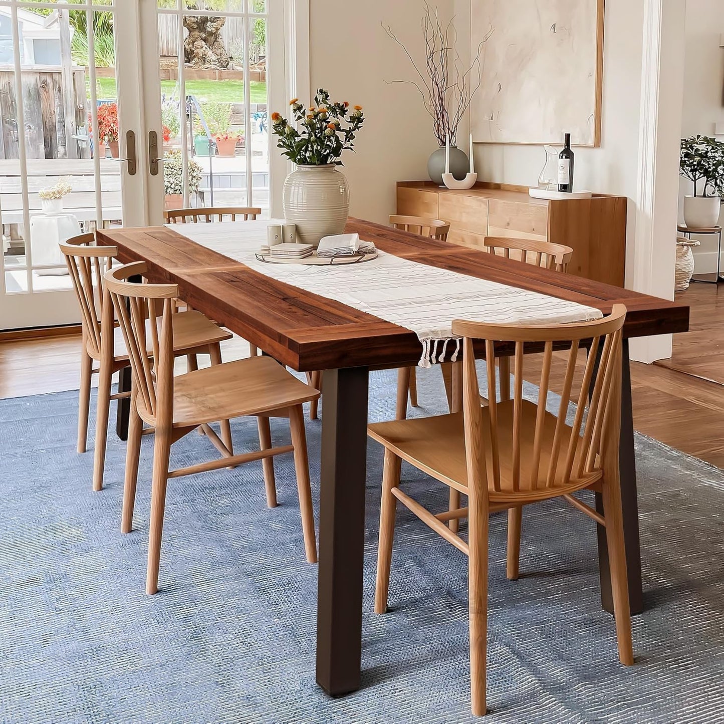 Devoko Home Acacia Wood Dining Table 6-Person Indoor Outdoor Table with Iron Legs, Sandblast Finish, Natural Stained, Rustic Metal, 69 * 33 * 30 inch (Walnut Brown)