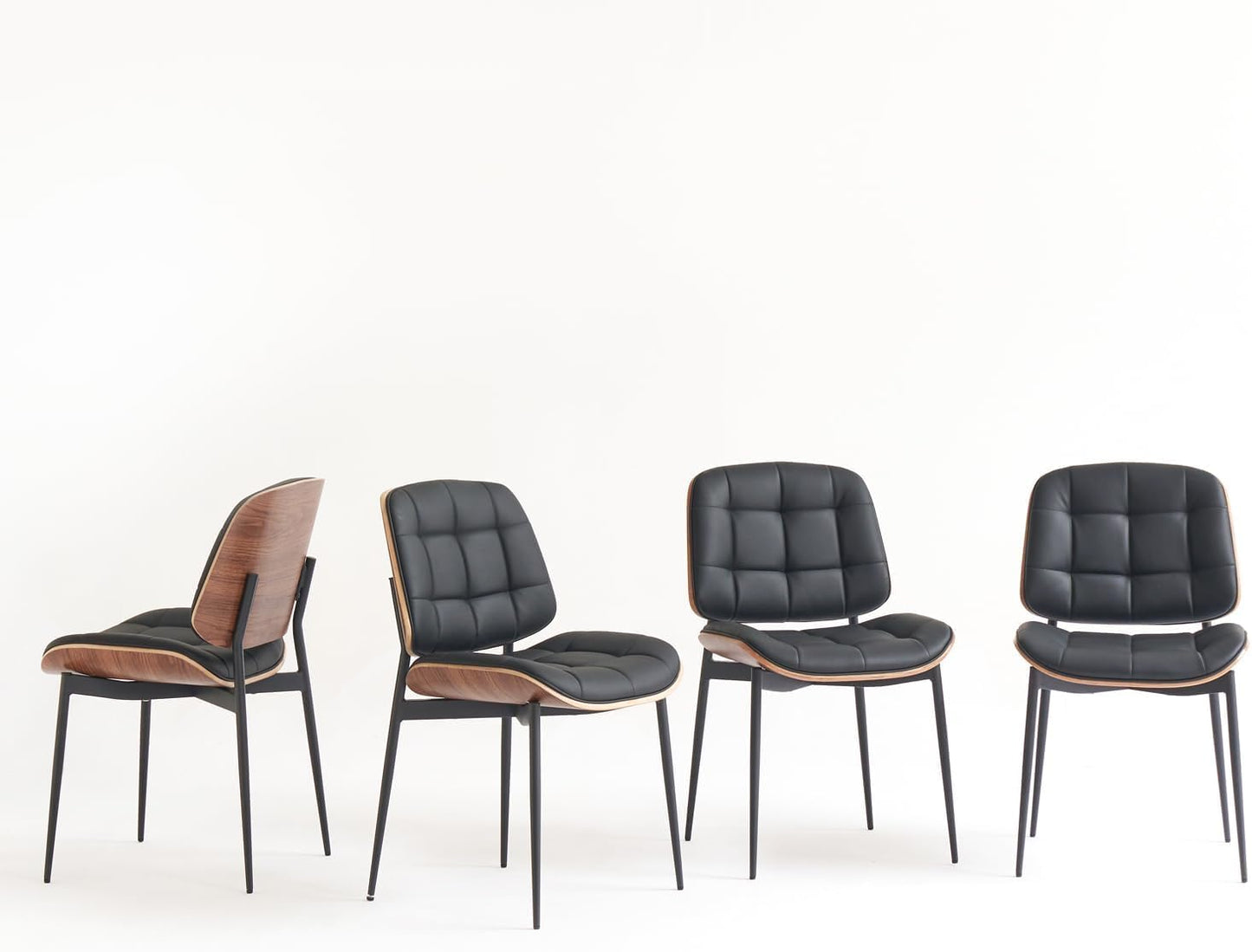 GrandNoor Mid Century Modern Dining Chairs with Walnut Grain Back, Black Faux Leather Dining Room Chairs Set of 2, Checkered Soft Cushion Kitchen Chairs with Adjustable Foot Pads