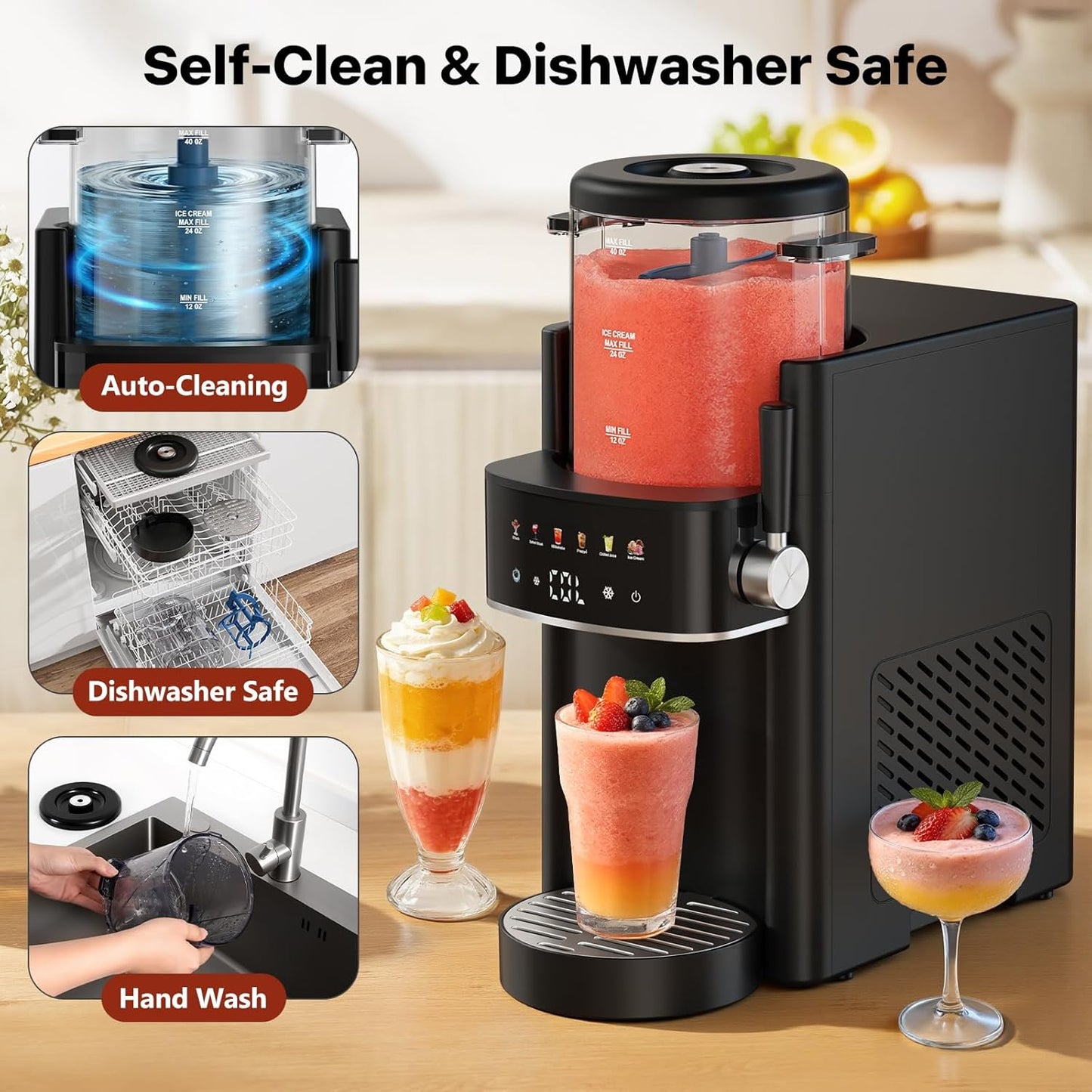Slushie Machine, Ice Cream Maker, Slushy Machine for Home and Families, No ice needed with Rapid Chill & Temperature Control, Multi-function for Margarita, Frappé, Easy to Clean, Black
