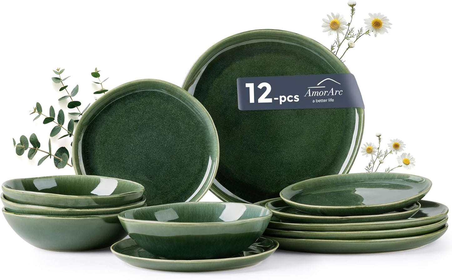 AmorArc Ceramic Dinnerware Sets,Handmade Reactive Glaze Stoneware Plates and Bowls Sets,Highly Scratch Resistant | Dishwasher & Microwave Safe Dishes Set,Service for 4 (12pc)