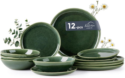 AmorArc Ceramic Dinnerware Sets,Handmade Reactive Glaze Stoneware Plates and Bowls Sets,Highly Scratch Resistant | Dishwasher & Microwave Safe Dishes Set,Service for 4 (12pc)