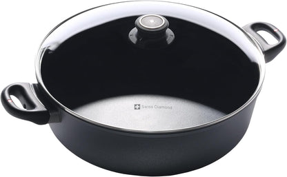 Swiss Diamond Braiser Pan with Lid, Features Double Handles, Nonstick Diamond Coated Braising Pan with Lid Oven Safe & Dishwasher Safe, 12.5", 7.2 Quart, Grey