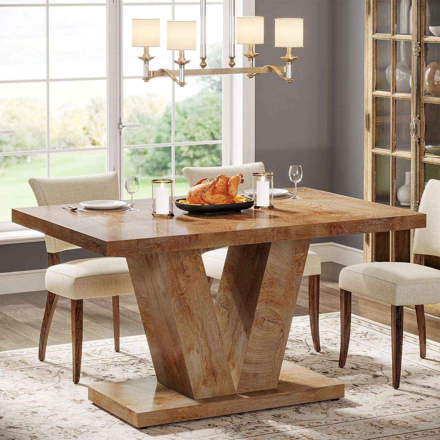 Tribesigns 47-Inch Dining Table for 4, Light Oak Brown Kitchen Dinner Furniture with Heavy Duty Pedestal, Farmhouse Wooden Eating Desk for Home, Dining Room, Small Space