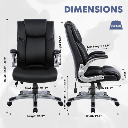 COLAMY High Back Executive Office Chair - Padded Leather Ergonomic Computer Desk Chair with Inflatable Lumbar Support & Flip-Up Arms, Adjustable Tilt Lock Swivel Task Chair for Home Office, Black