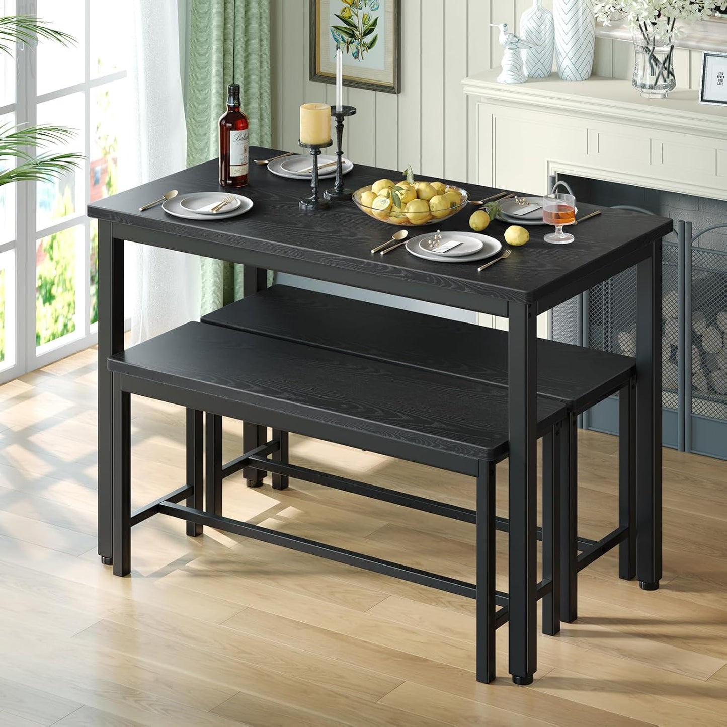 Tatub Dining Table Set for 4, 3-Piece Kitchen Table with 2 Benches, Space-Saving Dining Room Set for Breakfast Nook and Small Spaces, Black