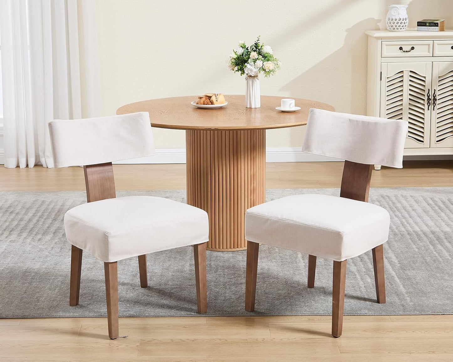 HNY Mid Century Modern Dining Chairs Set of 2 with Seat Covers, Farmhouse Linen Fabric Upholstered Accent Chairs Curved Backrest Kitchen Chairs, with Hardwood Frame, Beige