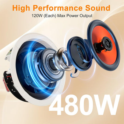 STUDIOFINIX 4 Inch Bluetooth Ceiling Speakers with 4-Channel Amplifier, 480W Max Power, 4 Speakers - Crisp Clear Sound for Living Room, Office, Kitchen, Basement, Covered Patio