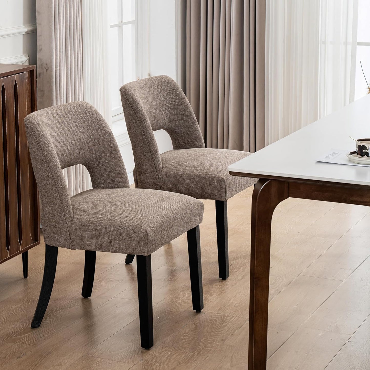 VKNOW Wooden Dining Chairs Set of 6, Modern Fabric Upholstered Dining Room Chair Kitchen Chairs, Farmhouse Dinner Chair for Kitchen Dining Room, Brown-Black Legs