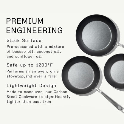 Made In Cookware | 3 Piece (Includes 8",10",12") Seasoned Blue Carbon Steel Frying Pan - (Like Cast Iron, but Better) | Professional Cookware | Crafted in Sweden | Induction Compatible