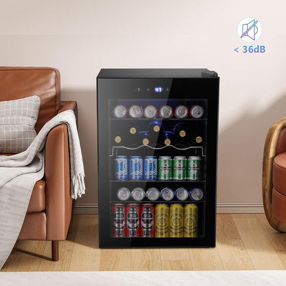 COWSAR Beverage Refrigerator, 145 Can Mini Fridge Glass Door for Soda Beer, ETL Approved Stainless Steel Wine Fridge with Temperature Display, LED Light for Home, Office, Bar, 4.5 cu.ft
