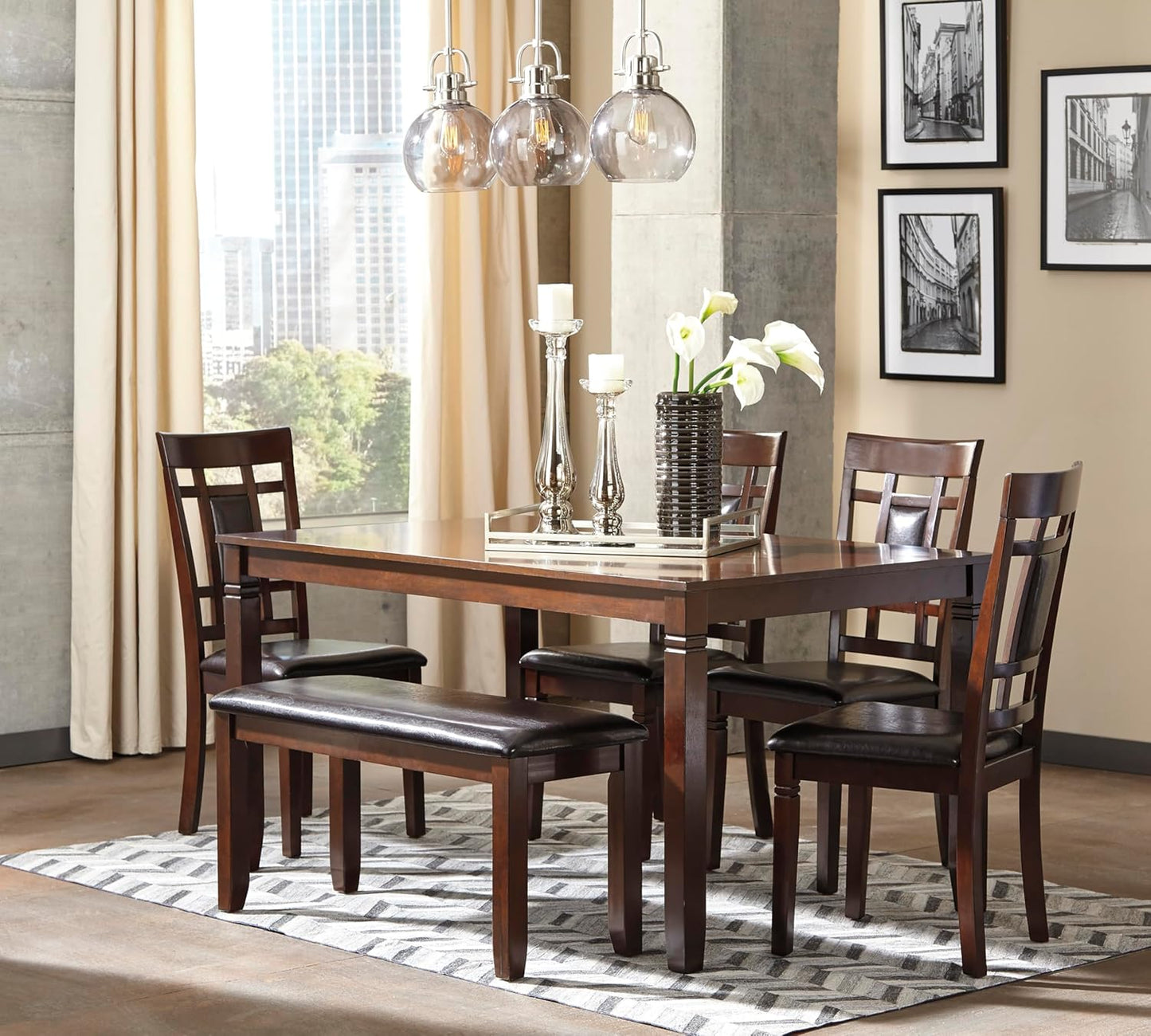 Signature Design by Ashley Bennox 6 Piece Dining Set with Upholstered Bench, Table & 4 Upholstered Chairs, Seats 6, Wood, Brown