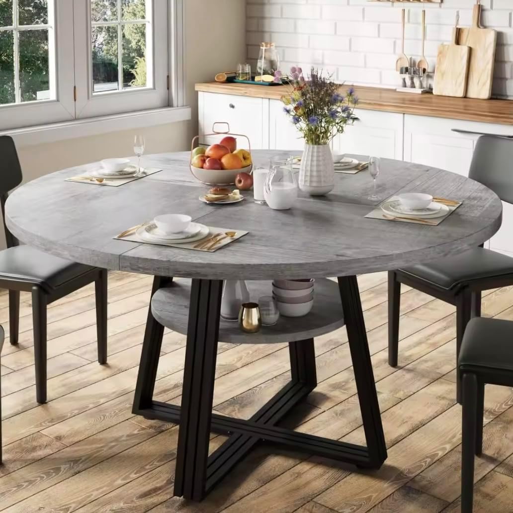 GarveeHome 47 Inch Round Dining Table for 4-6, Farmhouse Pedestal Kitchen Table with Storage Shelf, Space-Saving Circle, for Kitchen, Dining Room, Living Room, Apartment, Table Only- Grey