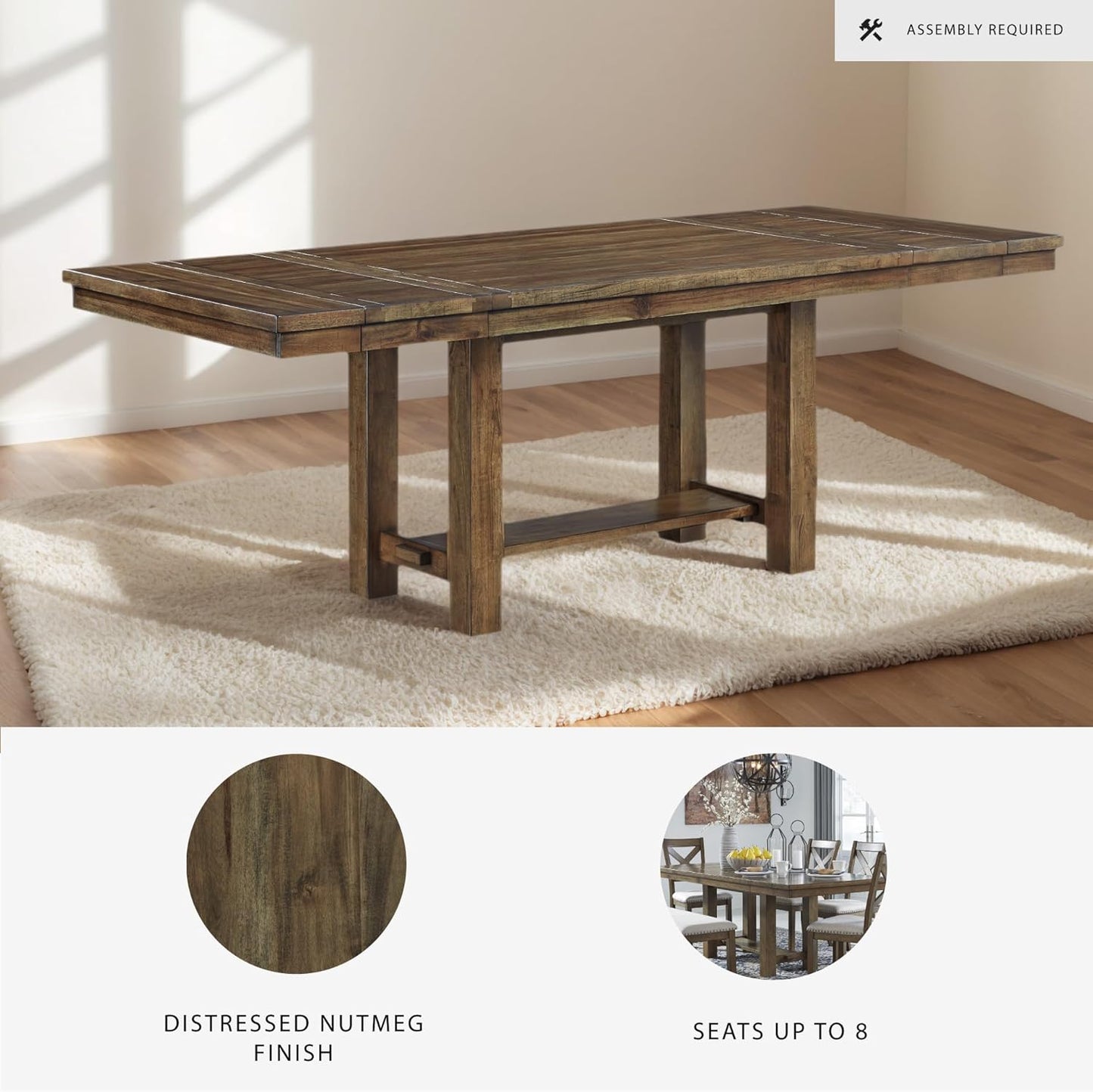 Signature Design by Ashley Moriville Rectangular Dining Extension Table, 2 Extension Leaves, Seats 8, 36" W x 86" D x 30.13" H, Wood & Acacia Veneer, Brown