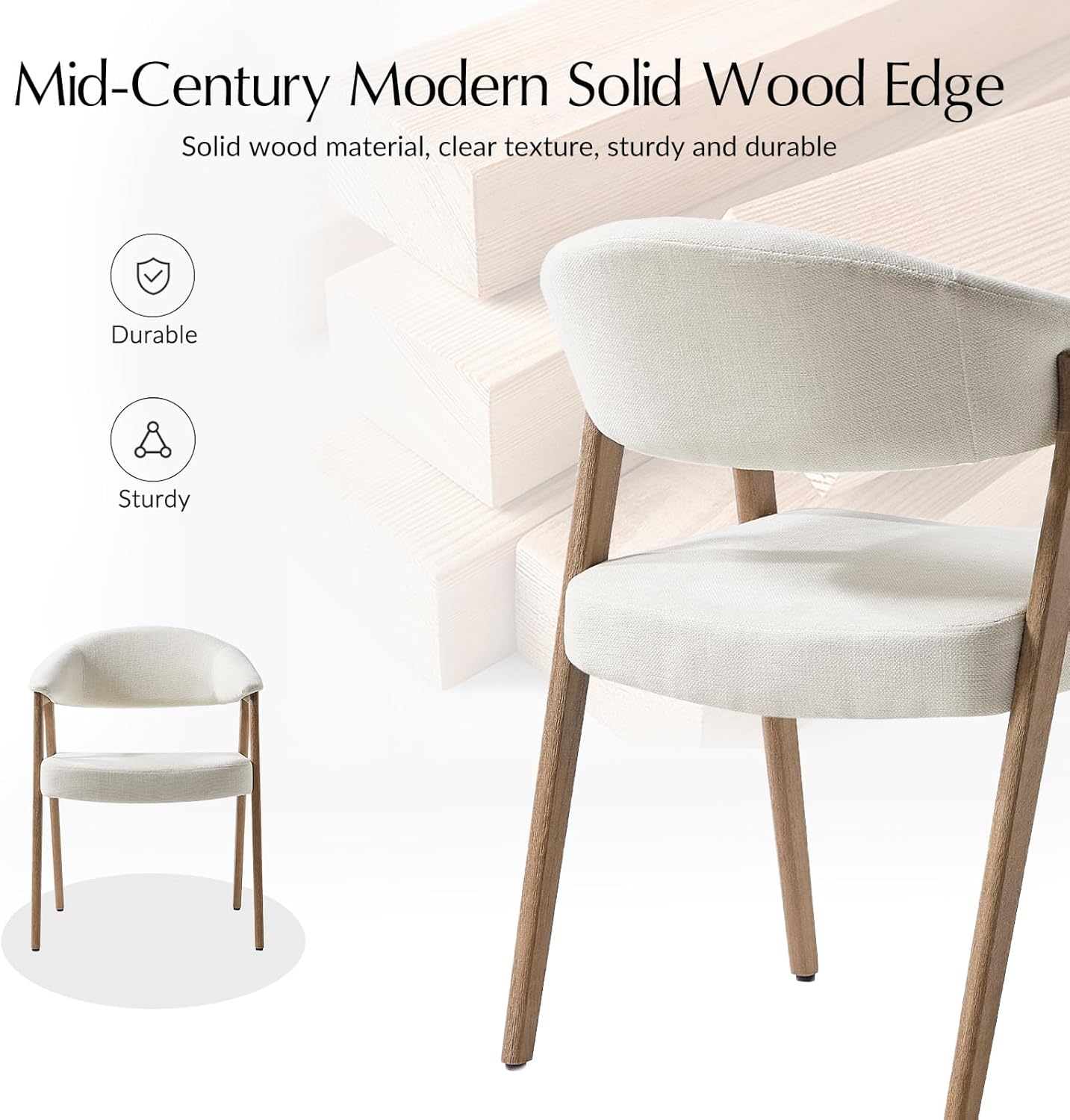 HULALA HOME Dining Chairs with Arm Set of 4, Mid-Century Modern Upholstered Kitchen Dining Room Chair with Solid Wood Legs & Curved Backtrst, Armchairs Accent Chairs for Living Room - Ivory