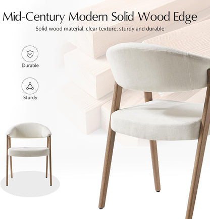 HULALA HOME Dining Chairs with Arm Set of 4, Mid-Century Modern Upholstered Kitchen Dining Room Chair with Solid Wood Legs & Curved Backtrst, Armchairs Accent Chairs for Living Room - Ivory