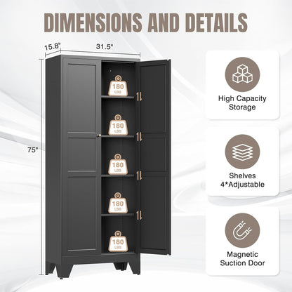 Yizosh Metal Pantry Cabinet, 75" Kitchen Pantry with 2 Door and 4 Adjustable Shelves,Black Metal Pantry Storage Cabinet,Cupboard for Kitchen,Dining Room,Living Room and Bathroom