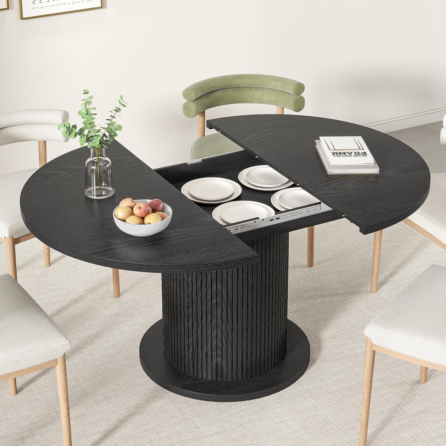 43.3 inch 59 inch Adjustable Size Round Dining Table for 4 6, Unique Design Modern Farmhouse Kitchen Table, Circle Dining Tables with Wood Strip Base for Kitchen Living Room (Black)