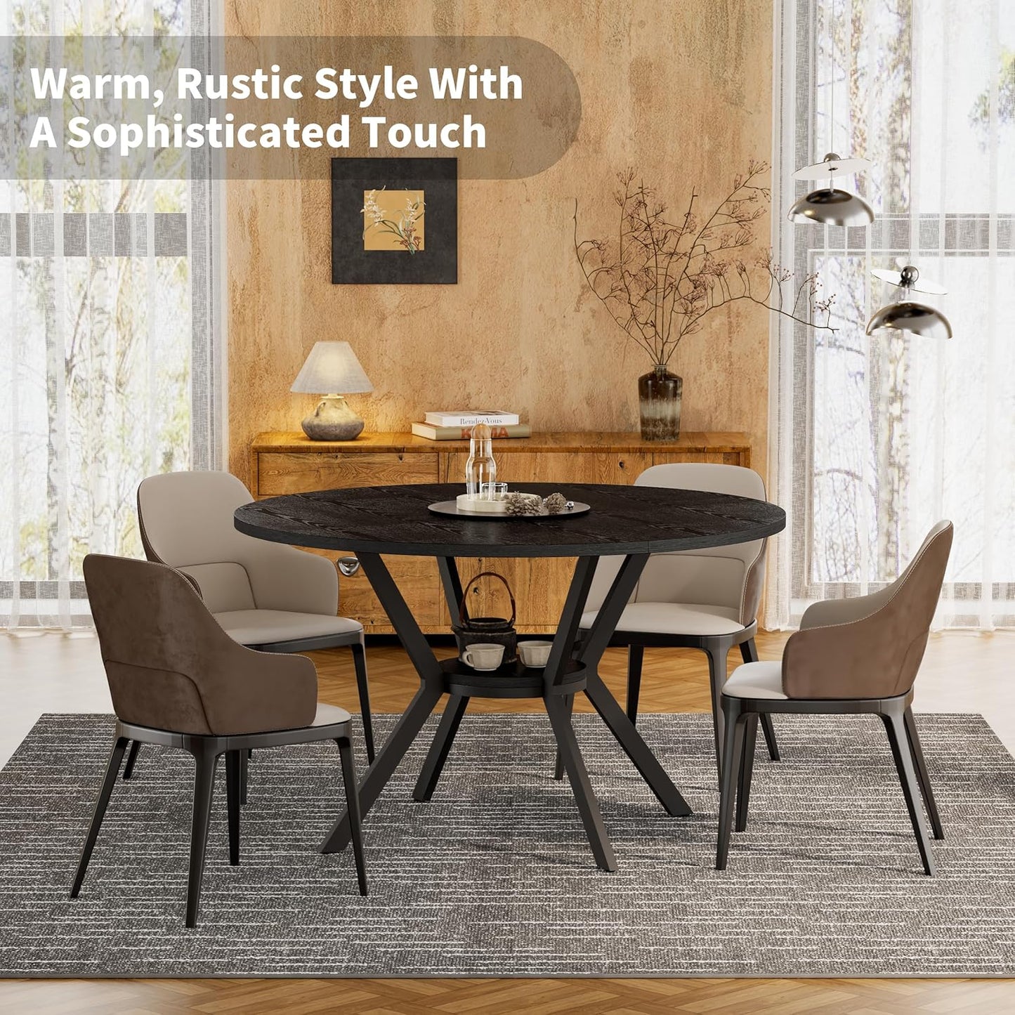 Black Dining Table for 2-4, 42 Inch Round Kitchen Table with Storage, Wooden Circle Dinner Table with Metal Legs, Rustic Mid Century Modern Dining Room Tables for Kitchen, Living Room, Dining Room