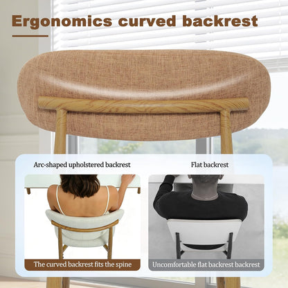 FREKEN Modern Upholstered Dining Chairs Set of 8, Mid-Century Metal Frame with Wood Grain, Linen Fabric Side Chair for Kitchen Dining Room, 350lbs Capacity, Brown
