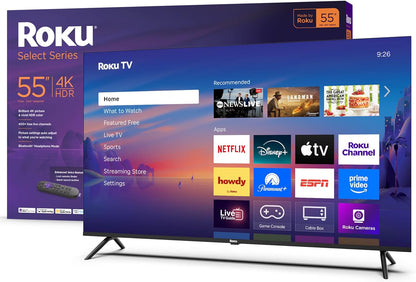 Roku Smart TV – 55-Inch Select Series, 4K HDR TV – Roku TV with Enhanced Voice Remote – Flat Screen LED Television with Wi-Fi for Streaming Live Local News, Sports, Family Entertainment