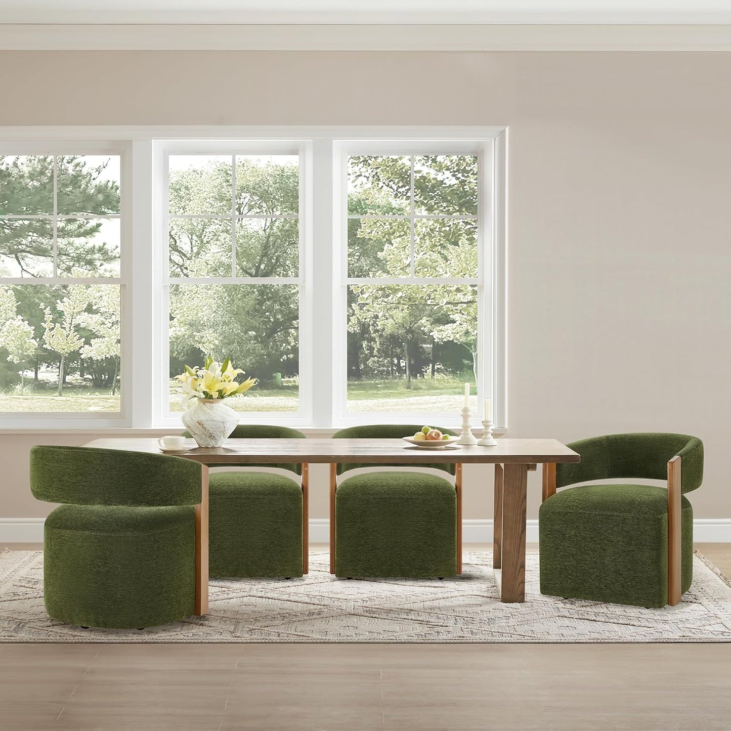 KISLOT Upholstered Dining Chairs with Casters, Modern Barrel Side Armchair with Rollers & Wooden Armrest for Dining Room, Bedroom, Kitchen, Reading Room, Green, Set of 4