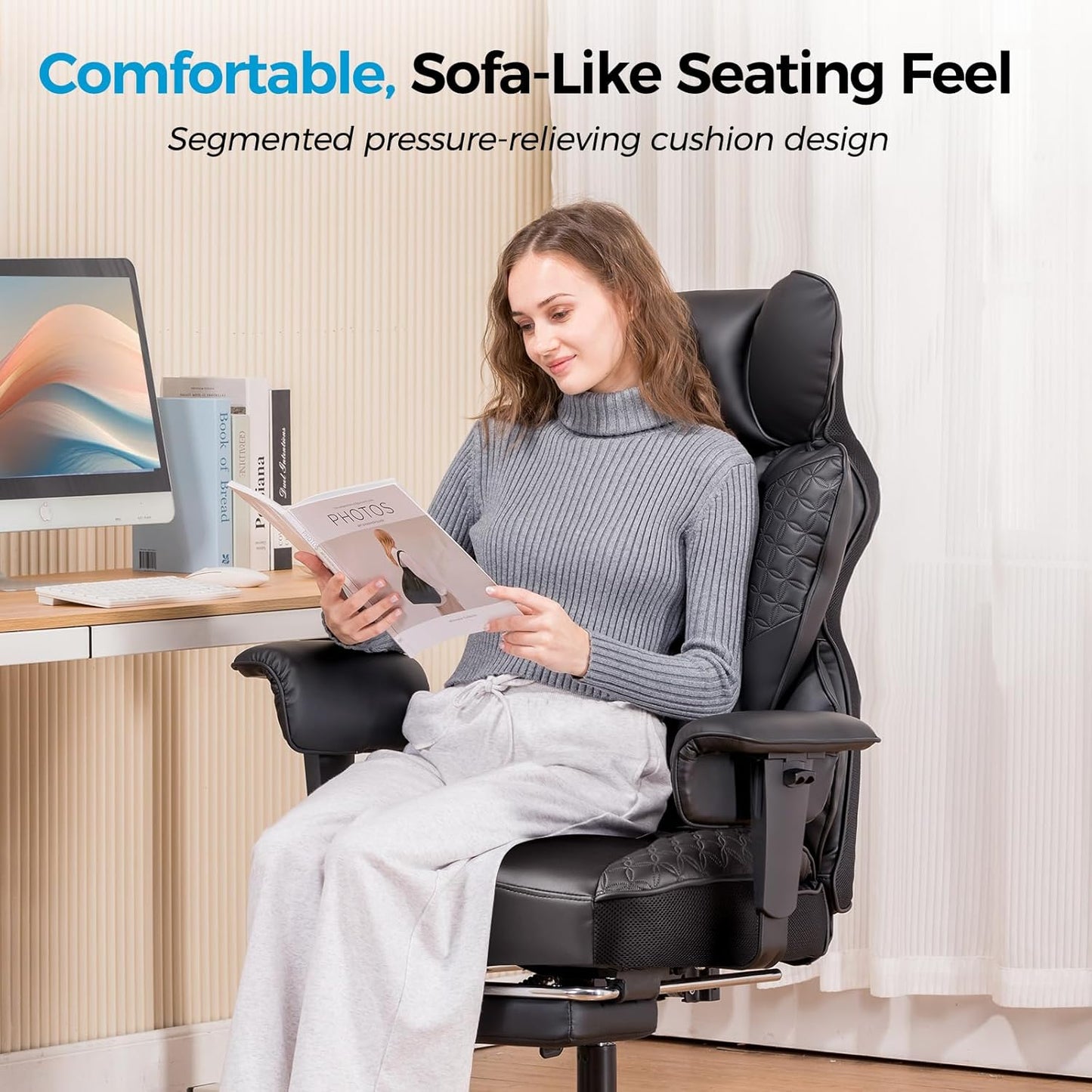 COMHOMA Big and Tall Office Chair Heavy Duty Wide Ergonomic Gaming Chair with Deluxe Embossing Designed Leather with Foot Rest,150°Reclining Adjustable Armrests Pocket Spring Back Support and Pillow
