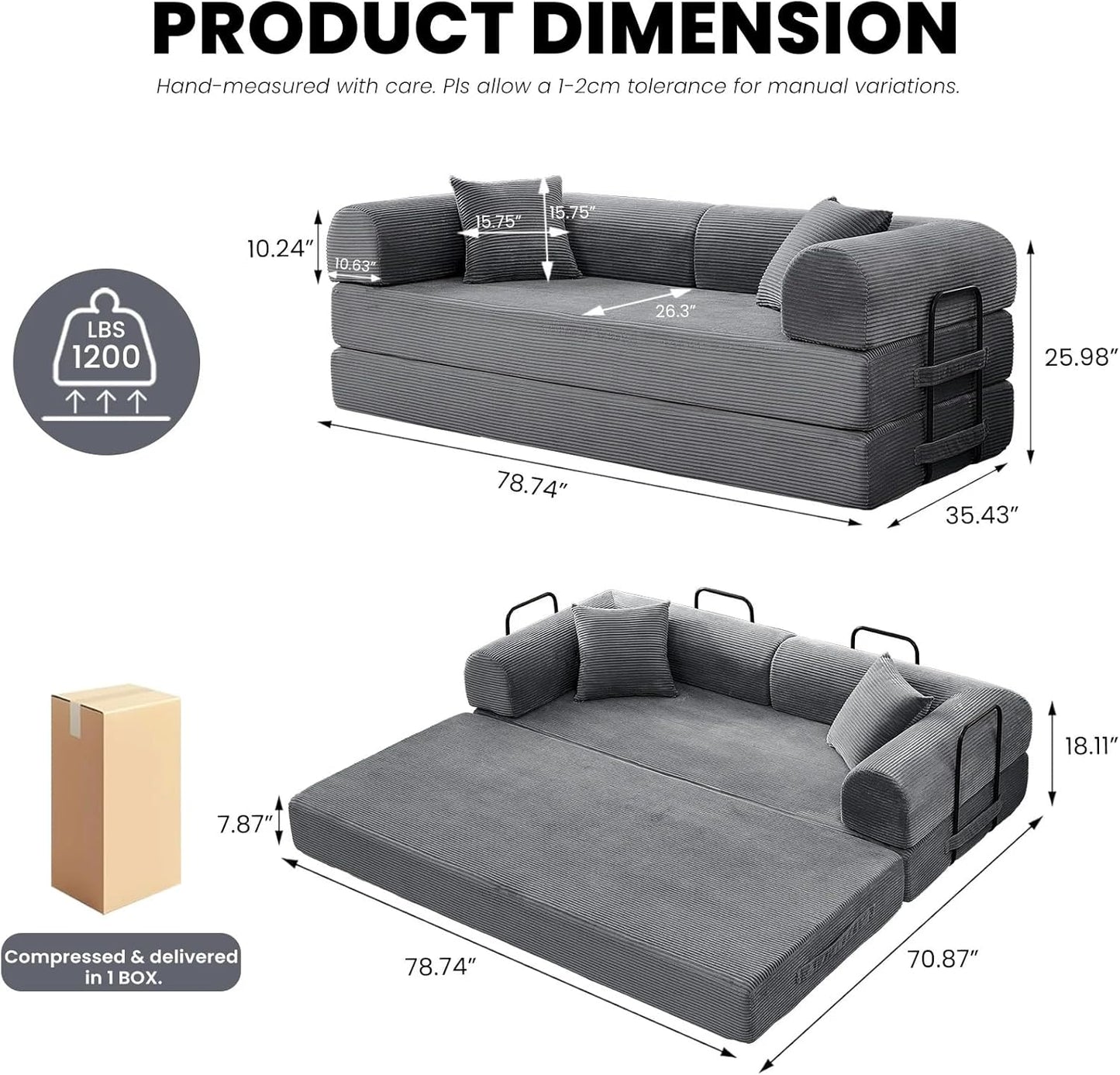 79'' Convertible Couch Bed, 5 in 1 Modular Floor Sofa, Folding Sleeper Couch with Pull Out Bed and Cushions, Corduroy Sofa for Small Spaces Living Room Bedroom Apartment Guest Room (Dark Gray) | No Assembly, Convertible Sofa, Space-Saving