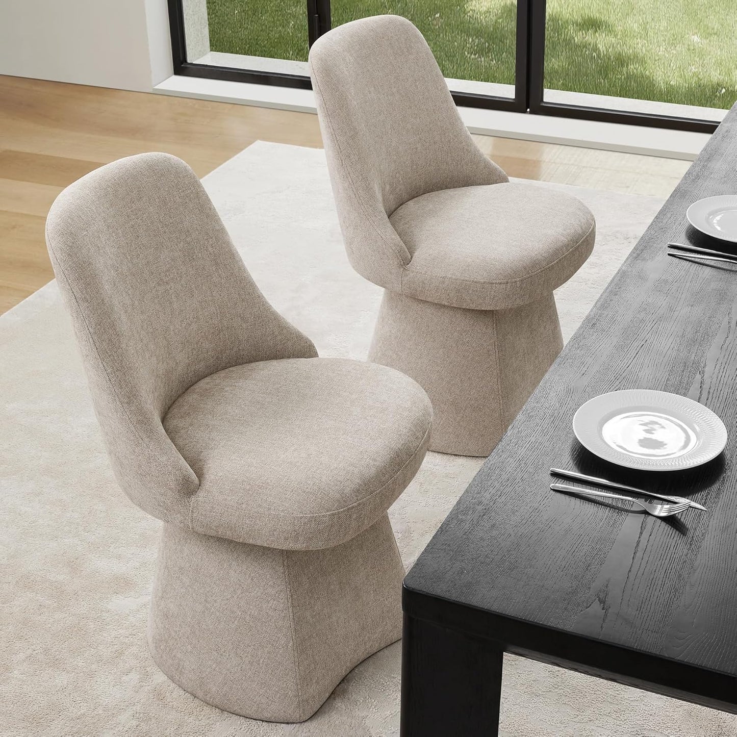 KISLOT Swivel Dining Chairs Set of 4, Upholstered Mid Century Modern Deskchair with High Back, Linen Fabric Kitchen Chairs for Dining Room, Bedroom, Dressing Room, Khaki