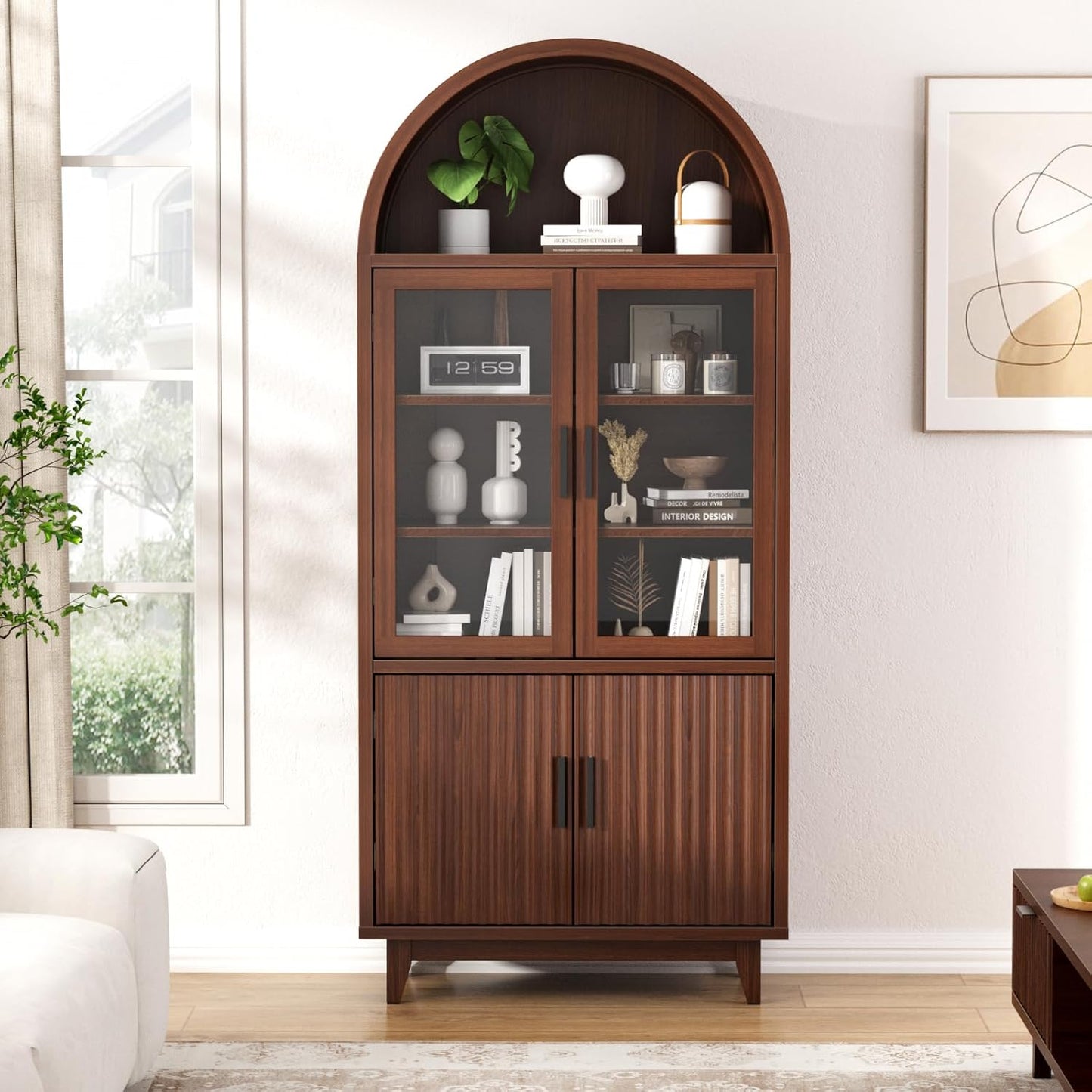 FiveWillowise 71" Tall Arched Cabinet with Glass Doors, Fluted Pantry Cabinet with Solid Wood Legs, Modern Accent Furniture for Living Room, Kitchen, Dining Room, Entryway, Walnut