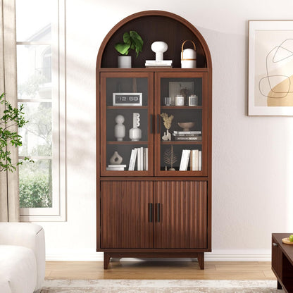 FiveWillowise 71" Tall Arched Cabinet with Glass Doors, Fluted Pantry Cabinet with Solid Wood Legs, Modern Accent Furniture for Living Room, Kitchen, Dining Room, Entryway, Walnut