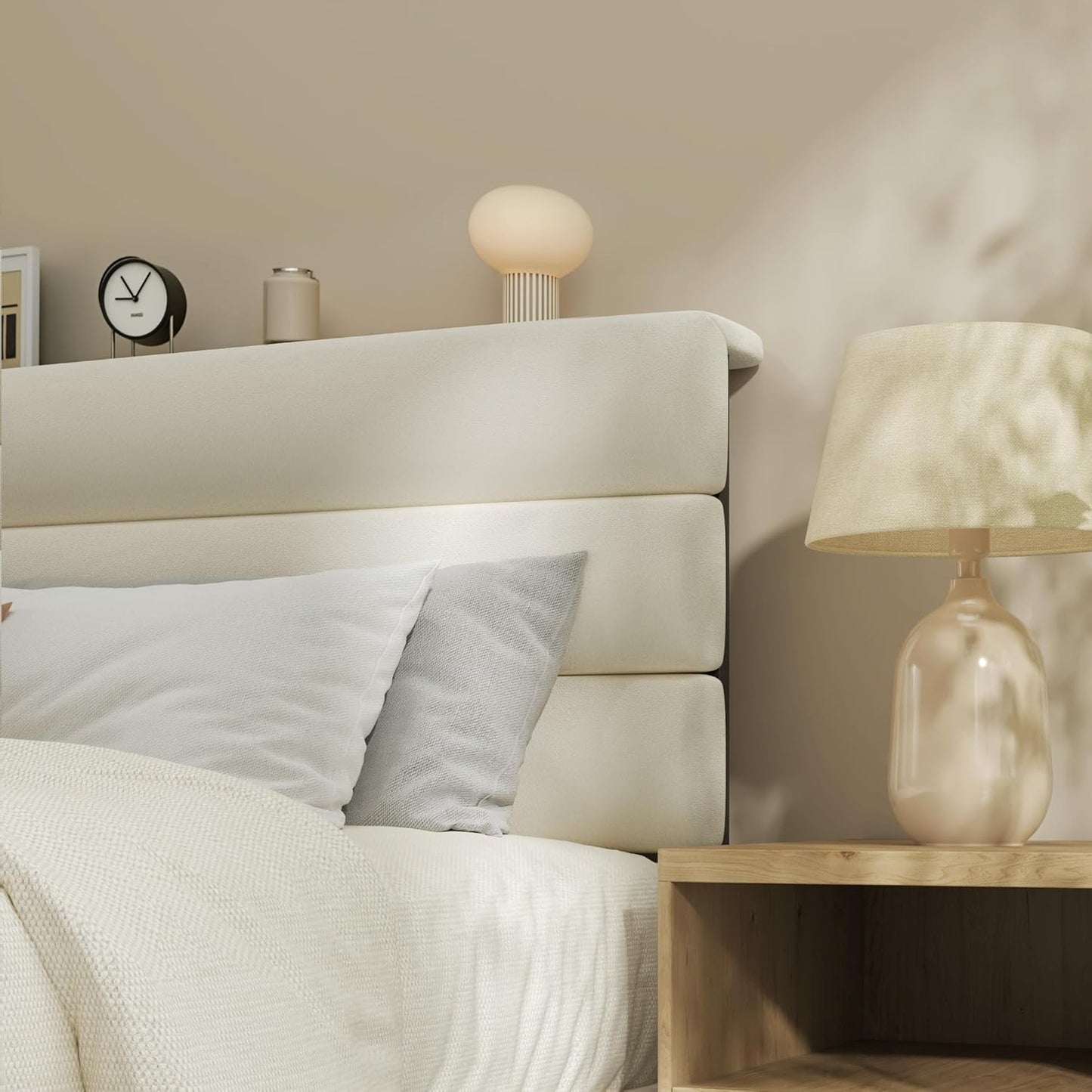 Fluest Queen Bed Frame, Platform Bed Frame with Velvet Upholstered Headboard, No Box Spring Needed, Sturdy Metal Support, Noise Free, Easy Assembly, Modern Bedroom Furniture, Beige