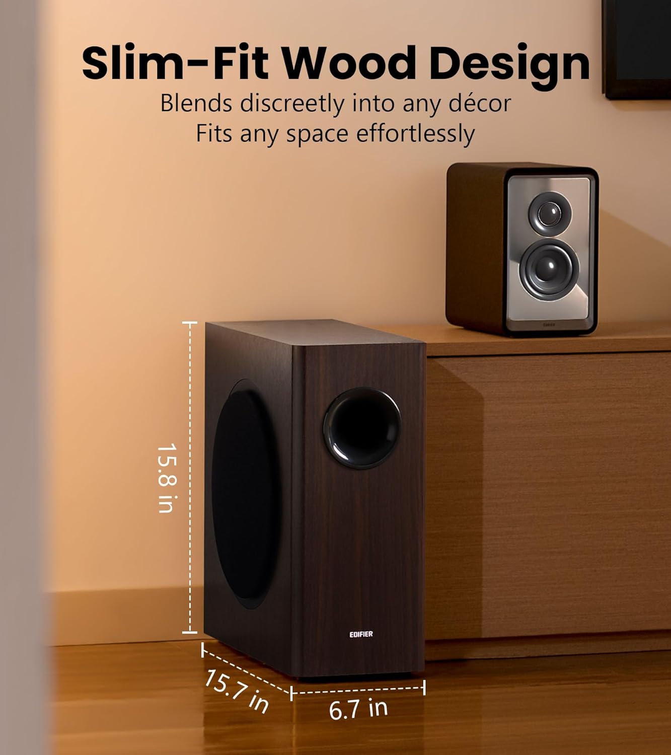 Edifier T5s Powered Active Subwoofer with 70W RMS, 8" Long-Throw Woofer, Deep Bass (35Hz) Speaker, Built-in Amp, Low Distortion, Phase Selector & Energy-Efficient for Home & Studio Audio, Brown