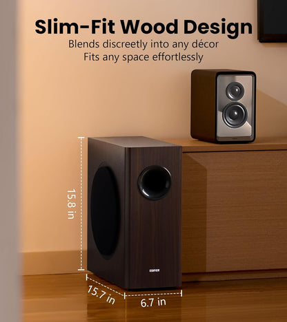 Edifier T5s Powered Active Subwoofer with 70W RMS, 8" Long-Throw Woofer, Deep Bass (35Hz) Speaker, Built-in Amp, Low Distortion, Phase Selector & Energy-Efficient for Home & Studio Audio, Brown