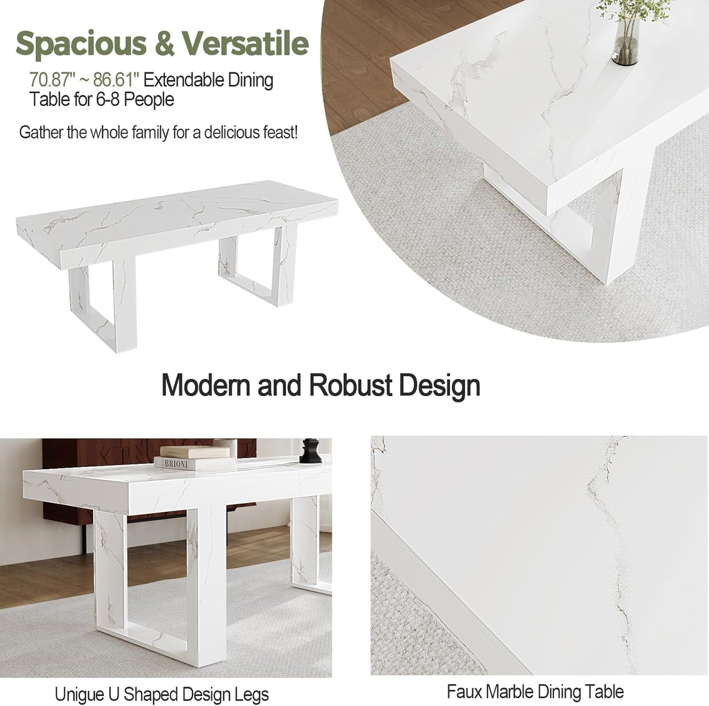 STHOUYN White Marble Extendable Dining Room Table for 8 10, 70.9" (86.6") x 31.5", Rectangle Dinner Table for 6-10, Modern Expandable Retractable Kitchen Table (White)