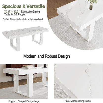 STHOUYN White Marble Extendable Dining Room Table for 8 10, 70.9" (86.6") x 31.5", Rectangle Dinner Table for 6-10, Modern Expandable Retractable Kitchen Table (White)