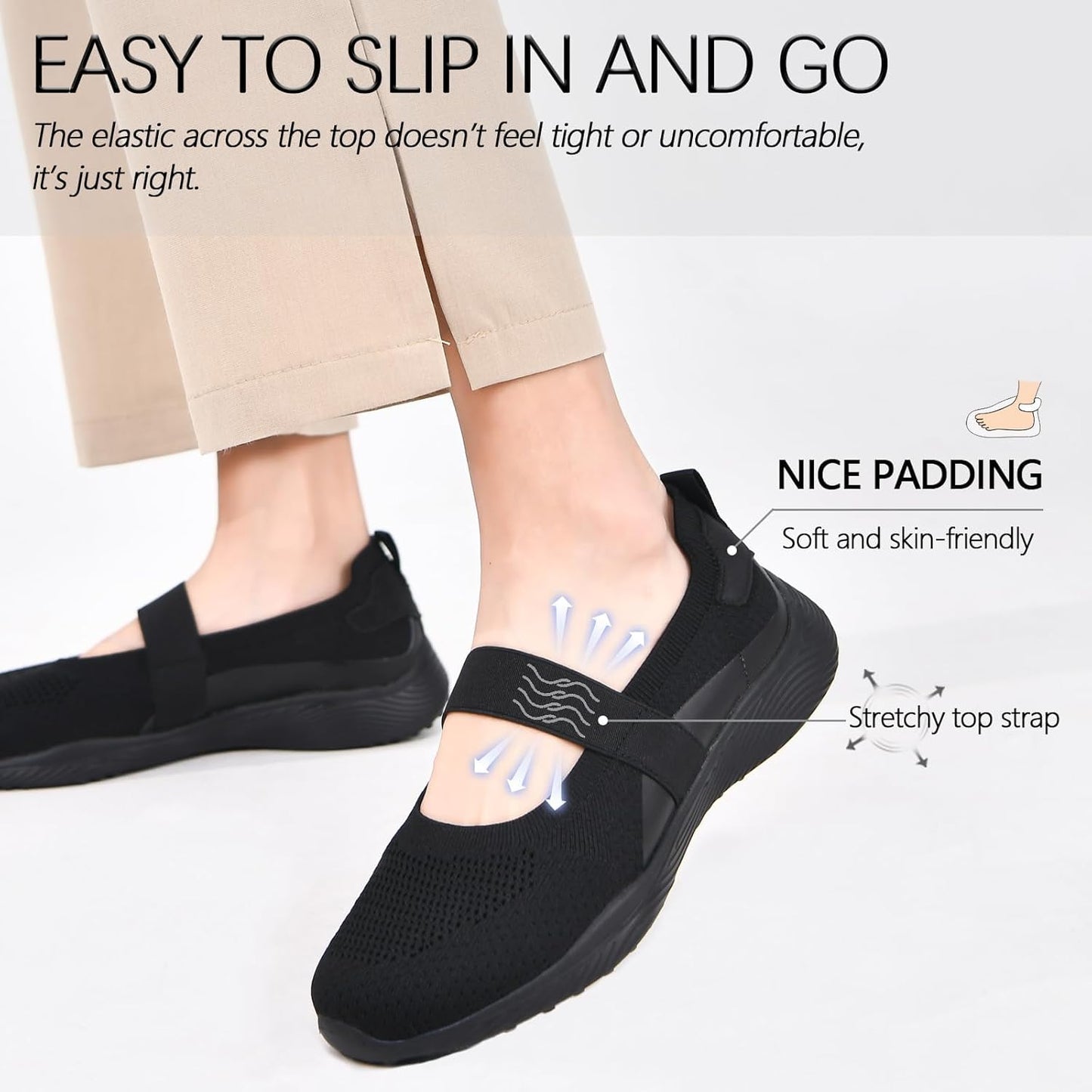Women Mary Jane Shoes Slip On Walking Flats Comfortable Dressy Knit Washable Casual Nurse Shoe with Arch Support