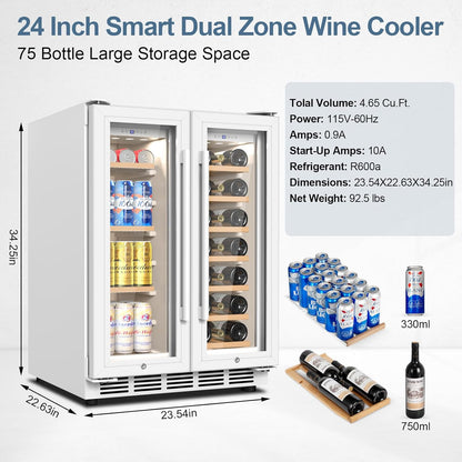 FoMup Wine and Beverage Refrigerator, 24 Inch Beverage Cooler Dual Zone with Glass Door, Under Counter Beverage Fridge with Upgraded 65 Cans 18 Bottles Large Capacity, White