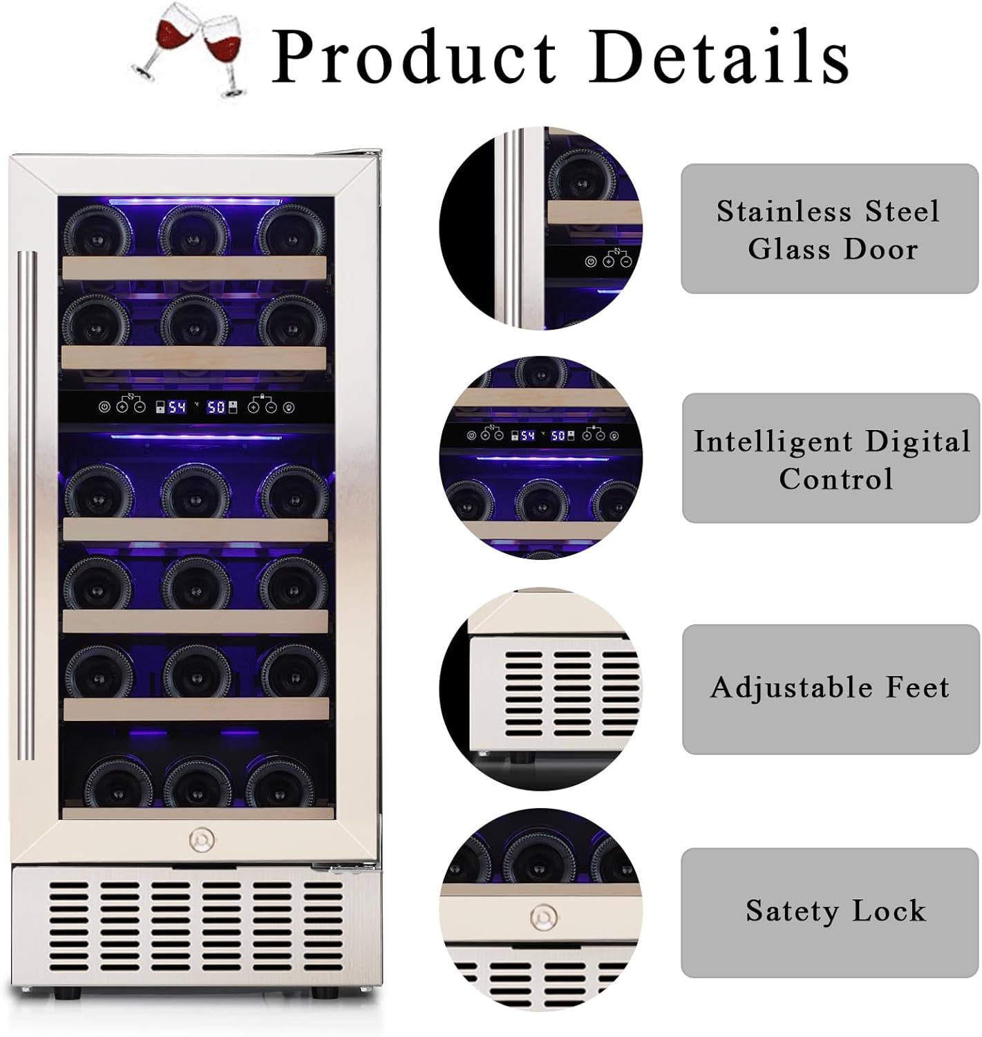 COWSAR 28 Bottle Wine Fridge, Commercial Dual Zone Beverage Refrigerator, Independent Temp, LED, Under Counter Drink Wine Cooler Chiller with Stainless Steel Frame, Double-Layer Tempered Glass Door