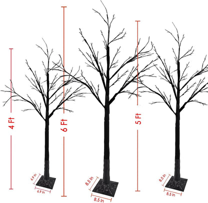 Set of 3 Glowing Black Halloween Trees with 96 LED Lights
