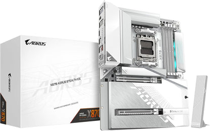 GIGABYTE X870 AORUS Stealth ICE Reverse-Connect ATX Motherboard, Support AMD Socket AM5 Processors, DDR5, 16+2+2 Power Phase, 4X M.2, PCIe 5.0, USB4, WIFI7, 5GbE, PCIe EZ-Latch Plus, 5 Year Warranty