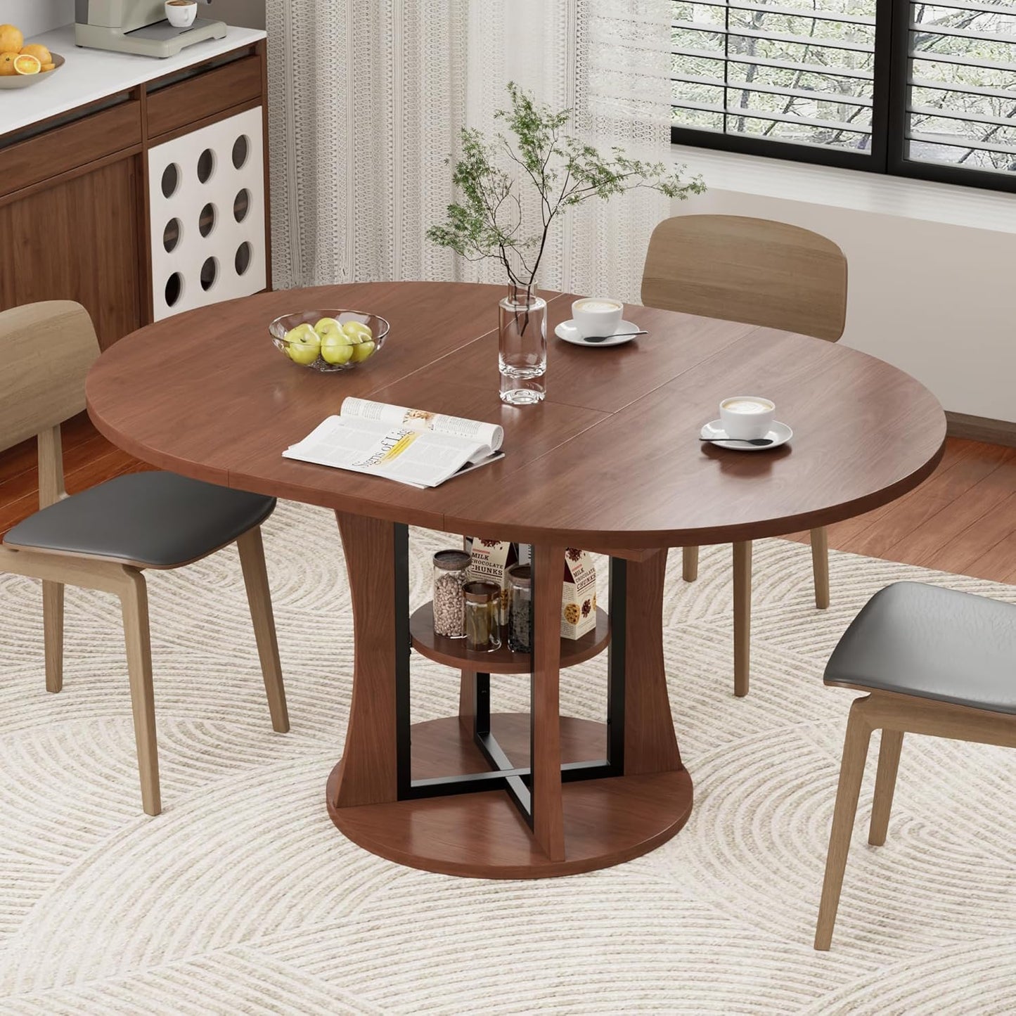 43.3''-59'' Extendable Round Dining Table for 4-8, Expandable Kitchen Table with Storage Shelf, Space Saving Circle Kitchen Table, Round Oval Dining Room Table for Living Room