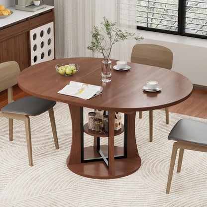 43.3''-59'' Extendable Round Dining Table for 4-8, Expandable Kitchen Table with Storage Shelf, Space Saving Circle Kitchen Table, Round Oval Dining Room Table for Living Room