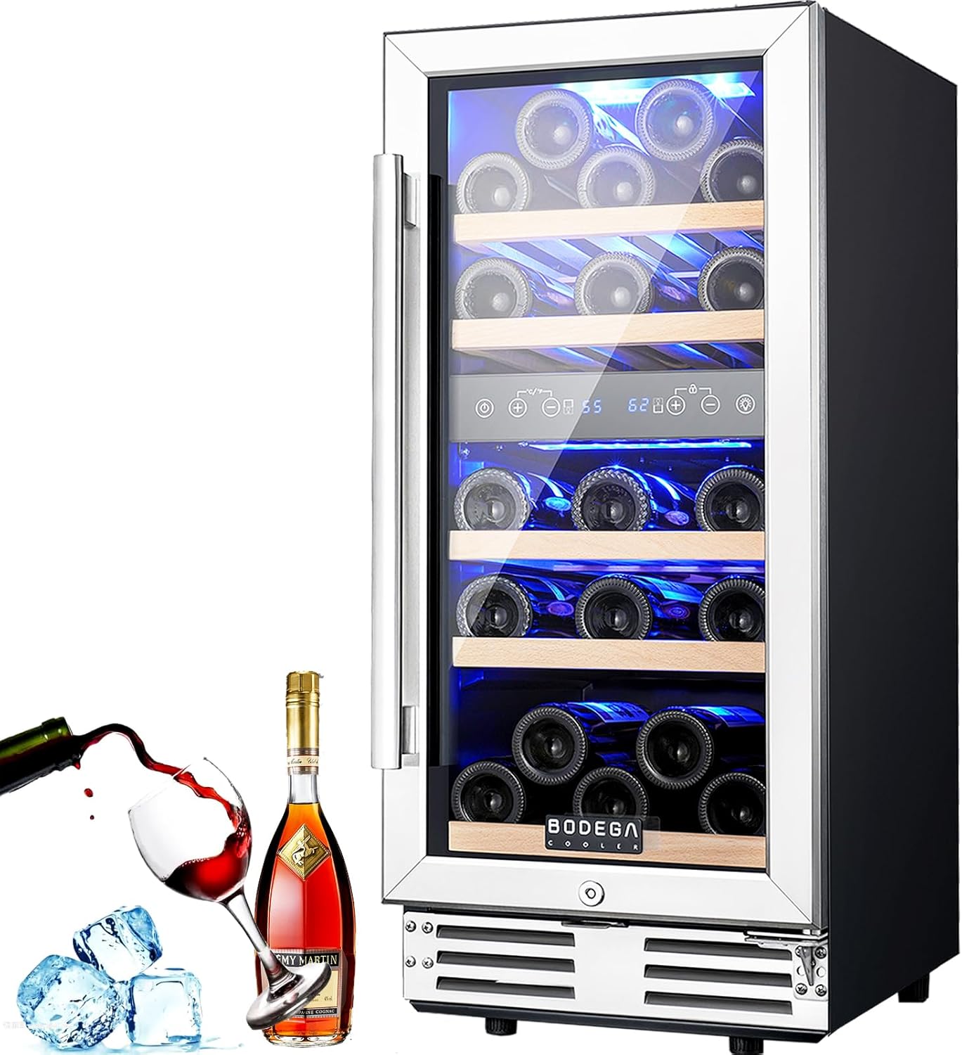 BODEGA 15” Wine Cooler, 30 Bottle Dual Zone Wine Fridge With Double-Layer Glass Door, Freestanding or Built-In Wine Fridge with Blue LED Light & Stainless Steel Handle, for Home, Kitchen,Bar, Black.