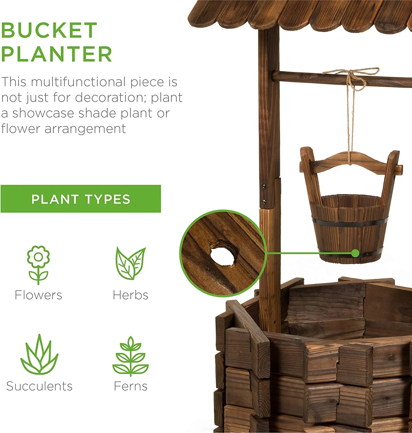 Best Choice Products Rustic Wooden Wishing Well Planter Outdoor Home Décor for Patio, Garden, Yard w/Hanging Bucket
