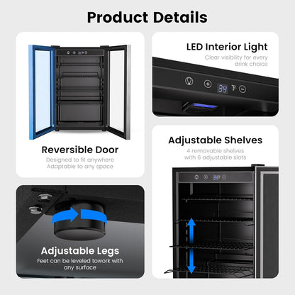 Feelfunn 4.5 Cu.Ft Beverage Refrigerator Cooler - 145 Can Mini Fridge Glass Door for Soda Beer Wine, Small Refrigerator for Bedroom Office Home Bar, 4 Adjustable Shelves, Silver