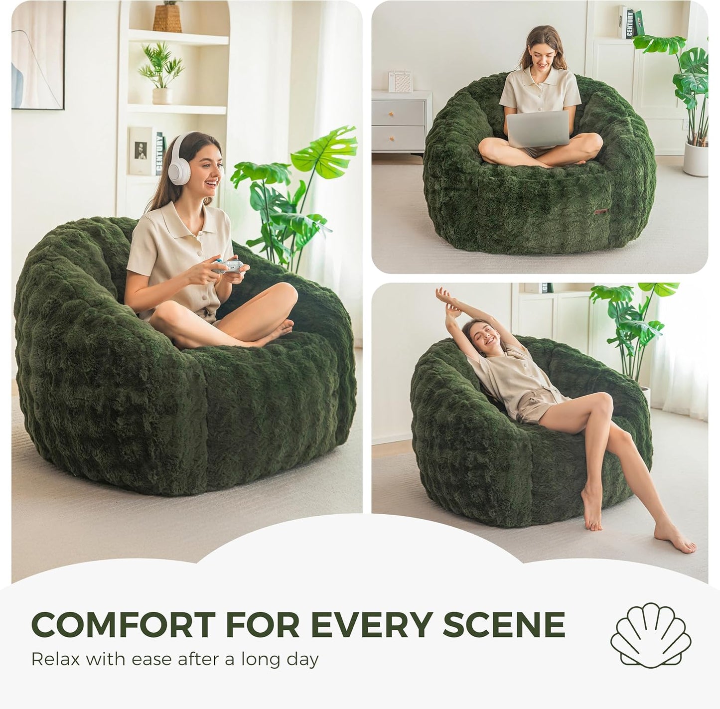 MAXYOYO Giant Bean Bag Chair for Adults, Stuffed Shell-Shaped Large Bean Bag Couch, Cozy Living Room Chair with Filler, Floor Sofa Lazy Sofa for Bedroom Living Room, Green, Standard